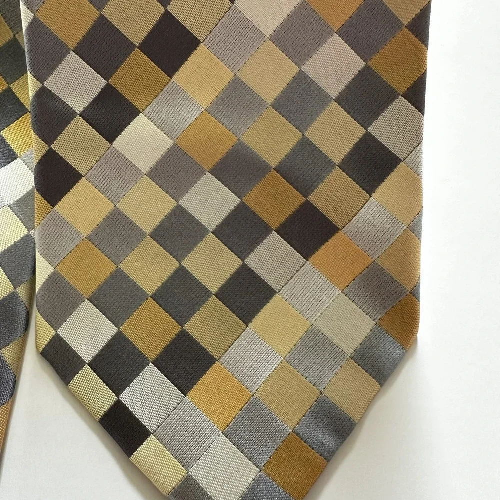 Bugatti Men's‎ Necktie 100% Silk Geometric Checkered Pattern Gray Gold